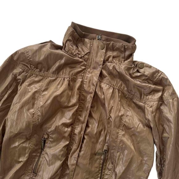 Charlotte Russe Bomber Jacket Large L Bronze Brown Full Zip Stand Collar Gold - Picture 2 of 9